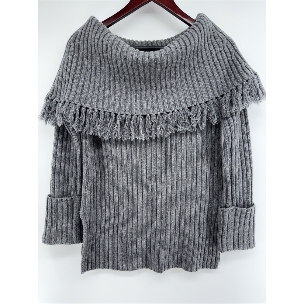 Intermix Wool Cashmere Fringe Cowl Neck Sweater Gray Sz M relaxed old money